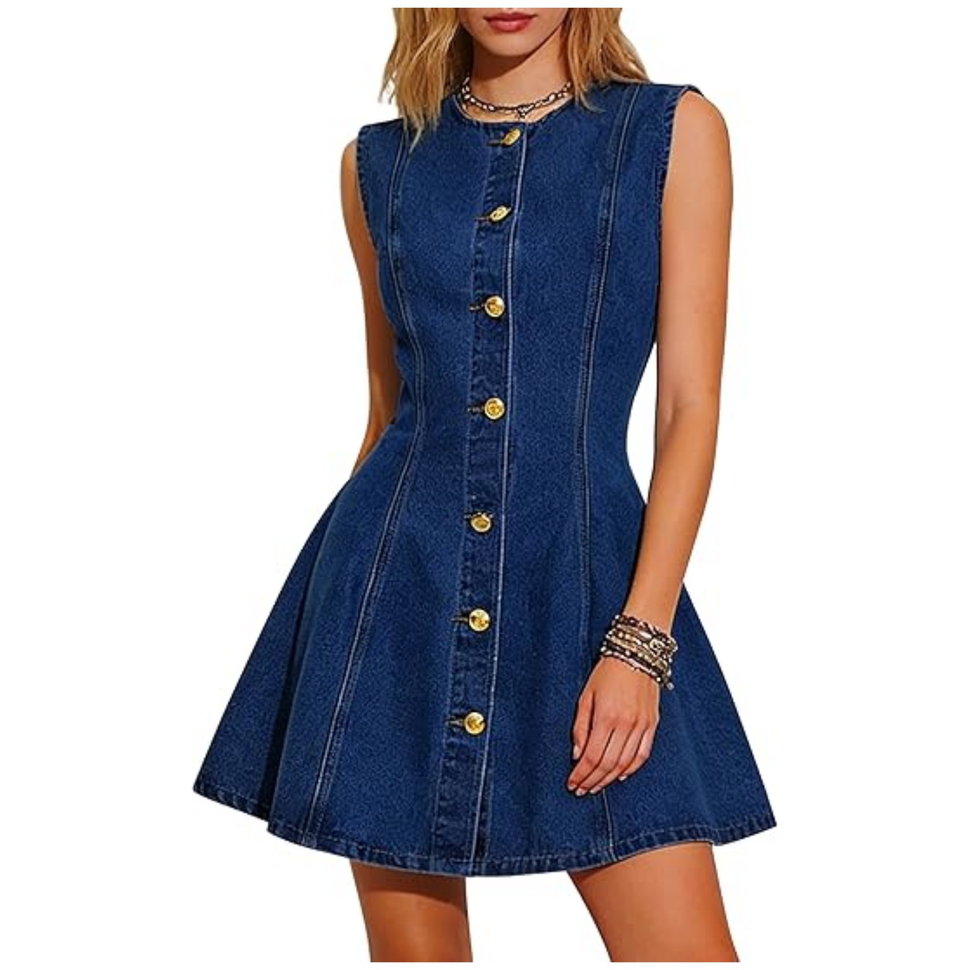Women's Slim-Fit Washed Denim Sleeveless Button Dress with Side Pockets