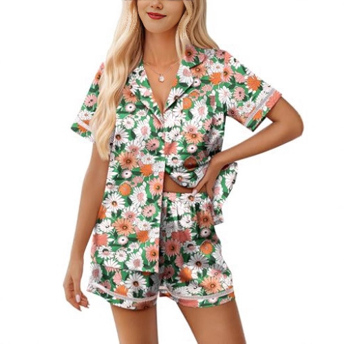 Women's Cuban Collar Short Sleeve Shirt Set Floral Solid Casual