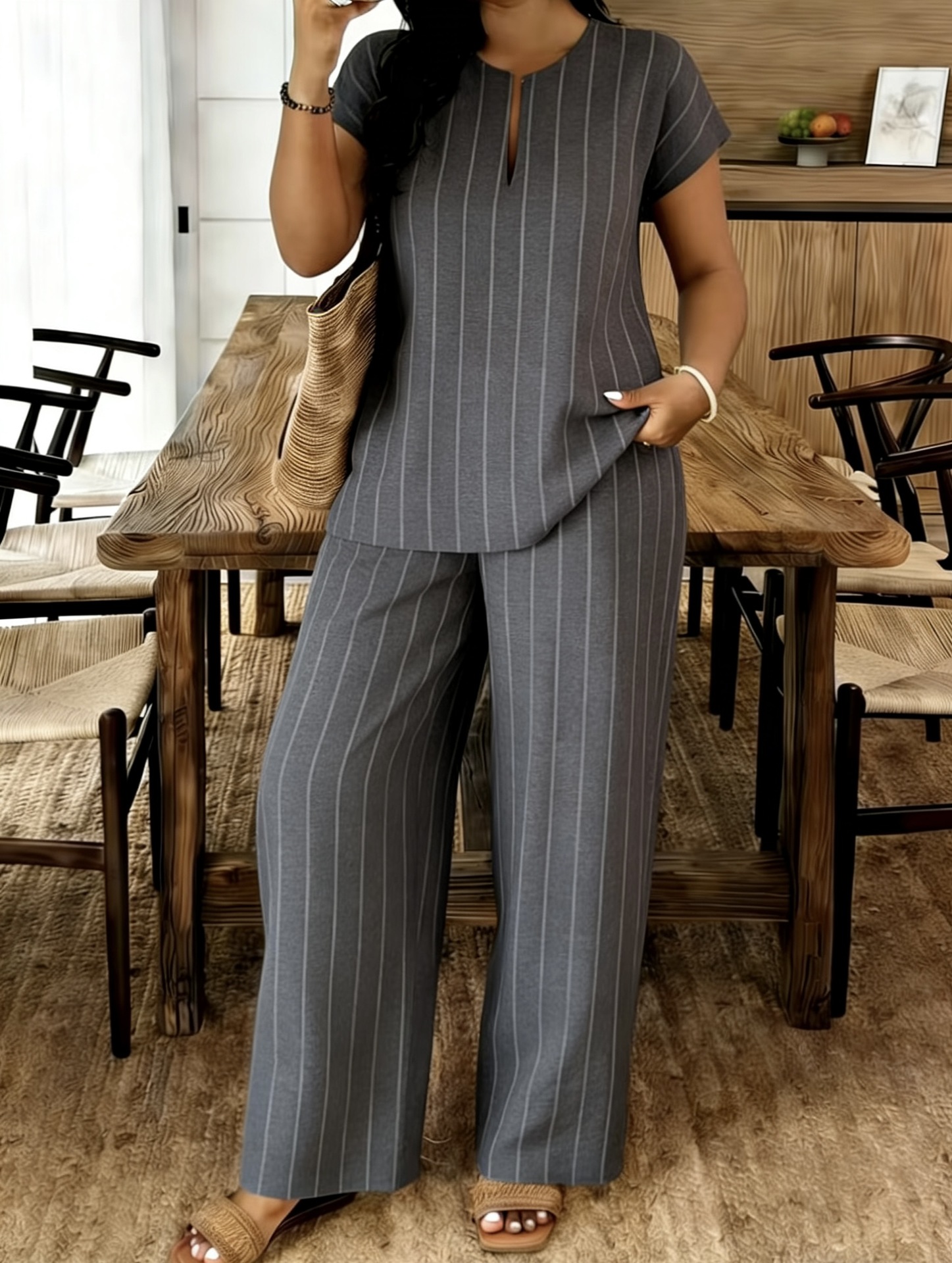 Women's V-Neck Top and Pants Set Casual Striped Two-Piece