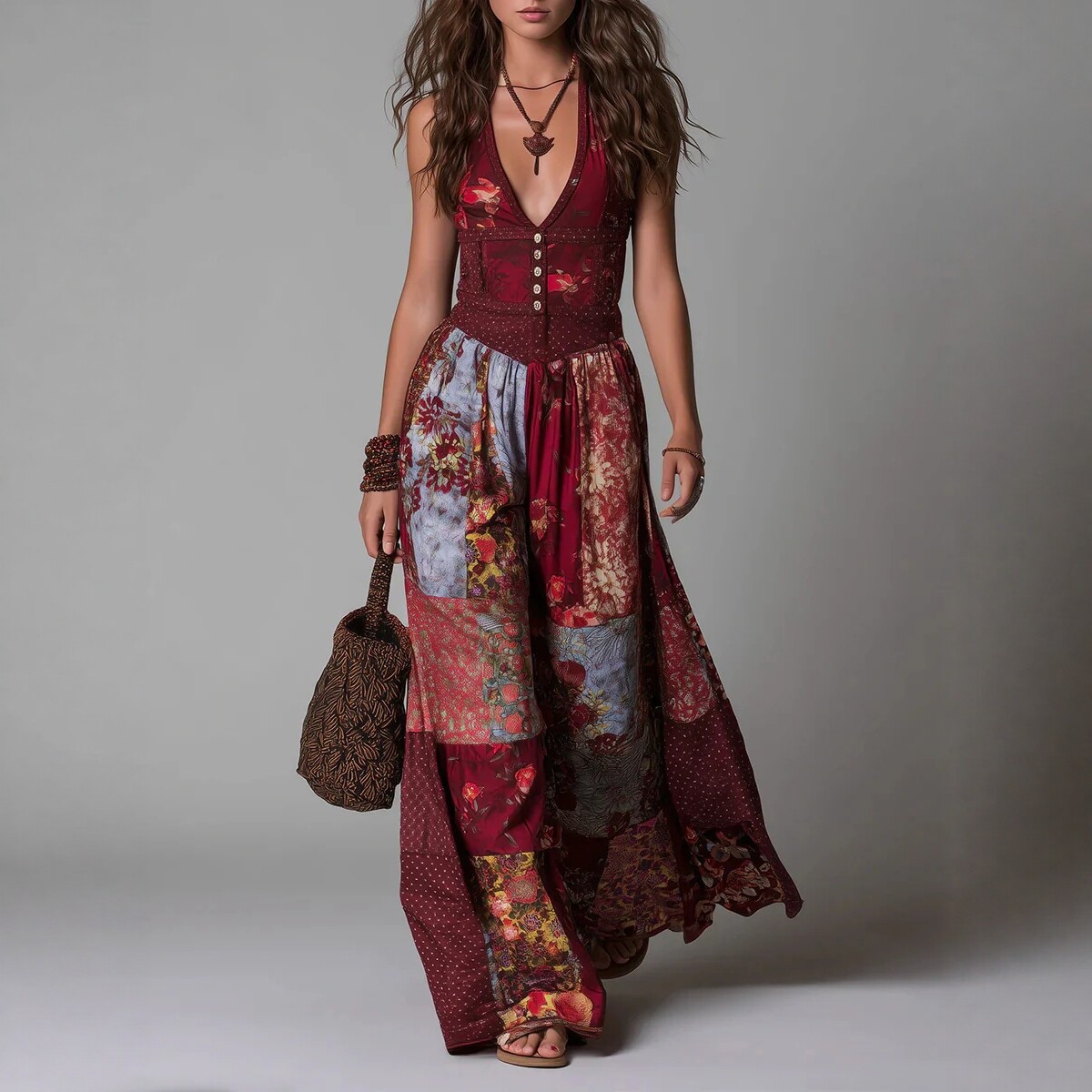 V-Neck Waist-Cinching Ruffle Floral Midi Dress