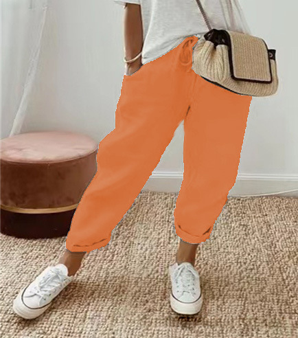 Women's Cotton Linen Elastic Waist Cropped Pants Casual Loose Fit