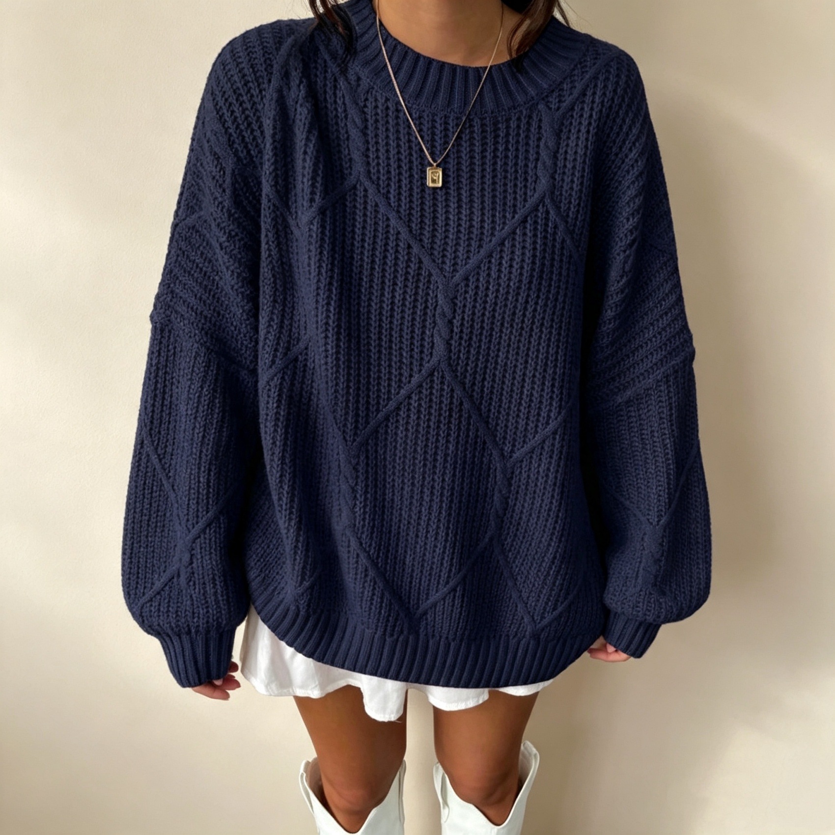 Women's Cable Knit Diamond Crewneck Pullover Sweater