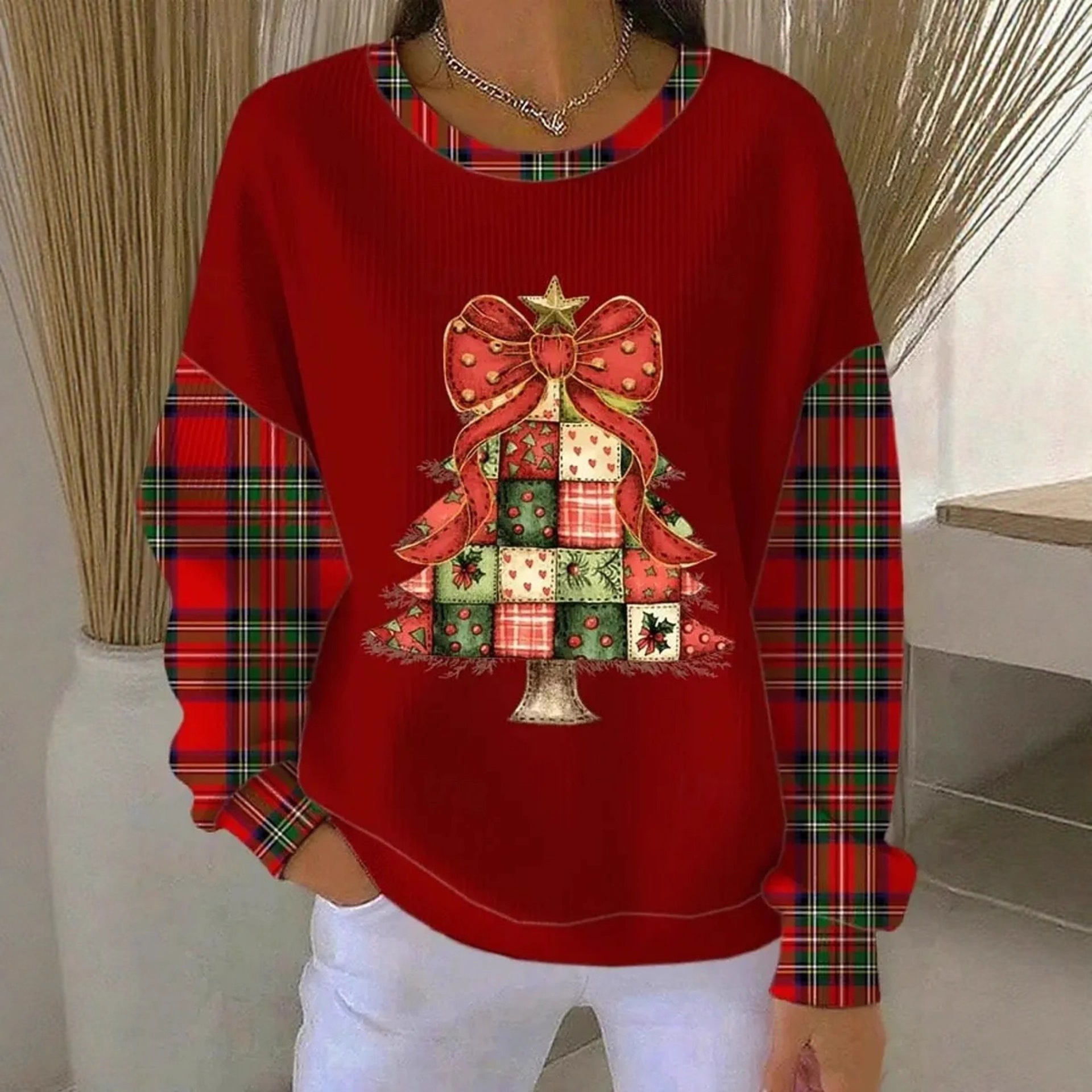 Women's Christmas Bow Plaid Print Crewneck Sweatshirt