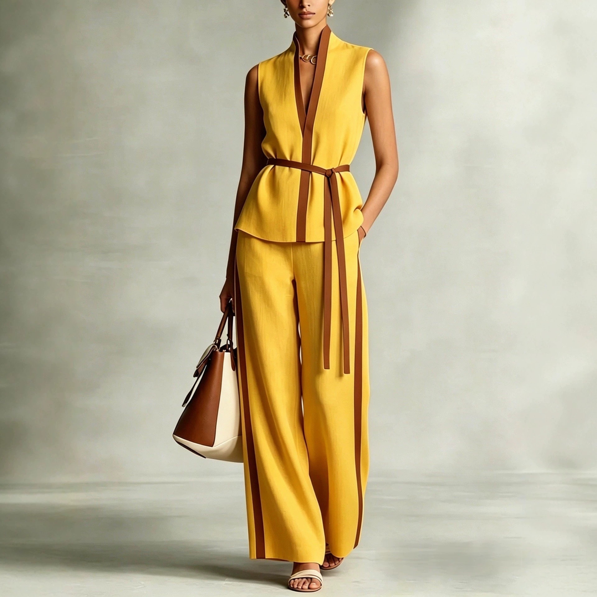 Women's Sleeveless Colorblock Top & Wide-Leg Pants Set