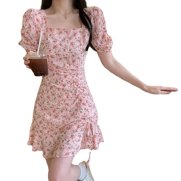 Floral Mermaid Midi Dress with Square Neck and Short Sleeves