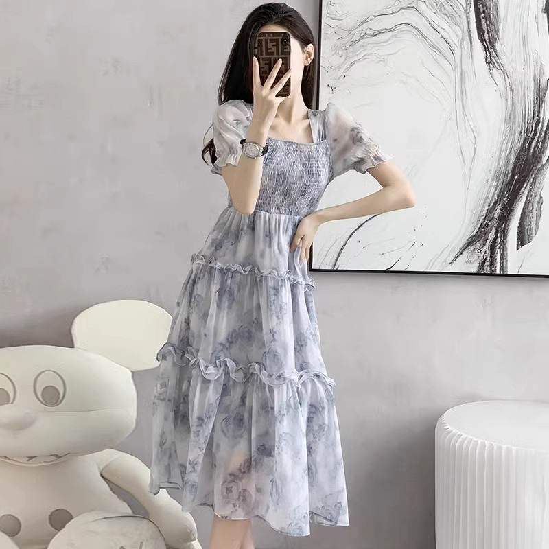 Floral Print Square Neck A-Line Midi Dress with Cinched Waist