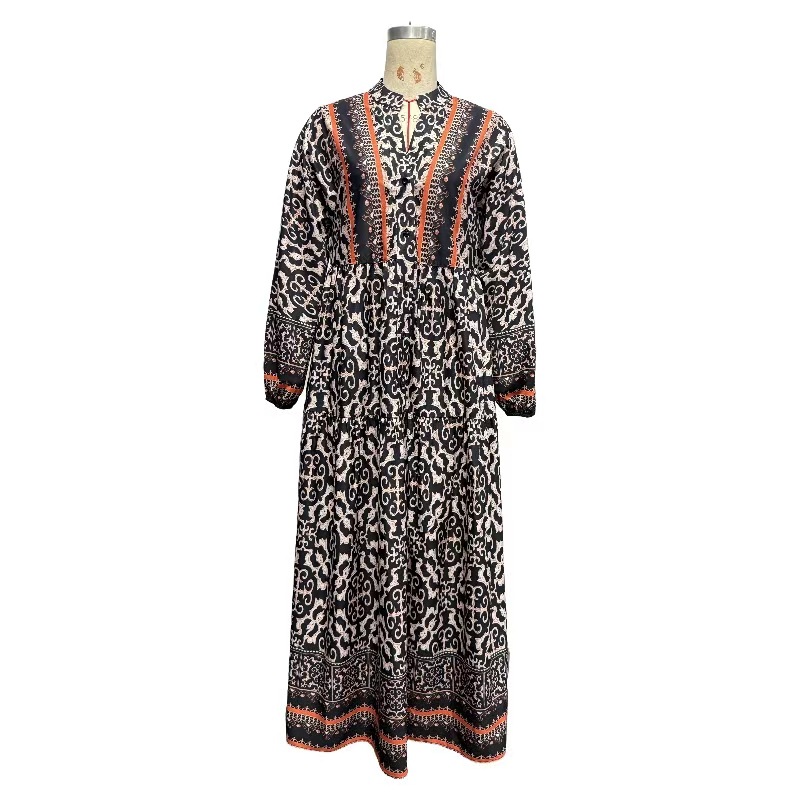 Plus Size V-Neck Floral Long Sleeve A-Line Maxi Dress