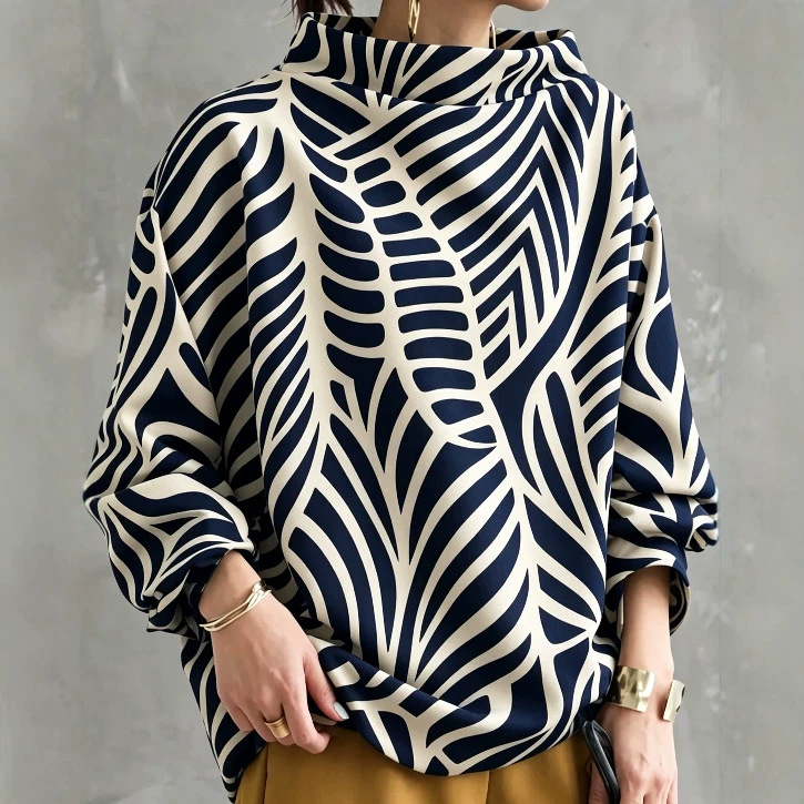 Women's Long Sleeve Loose Colorblock Print High Neck Sweatshirt