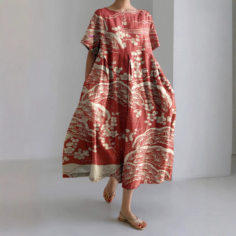 Women's Vintage Floral Print A-Line Midi Dress with U-Neck and Short Sleeves
