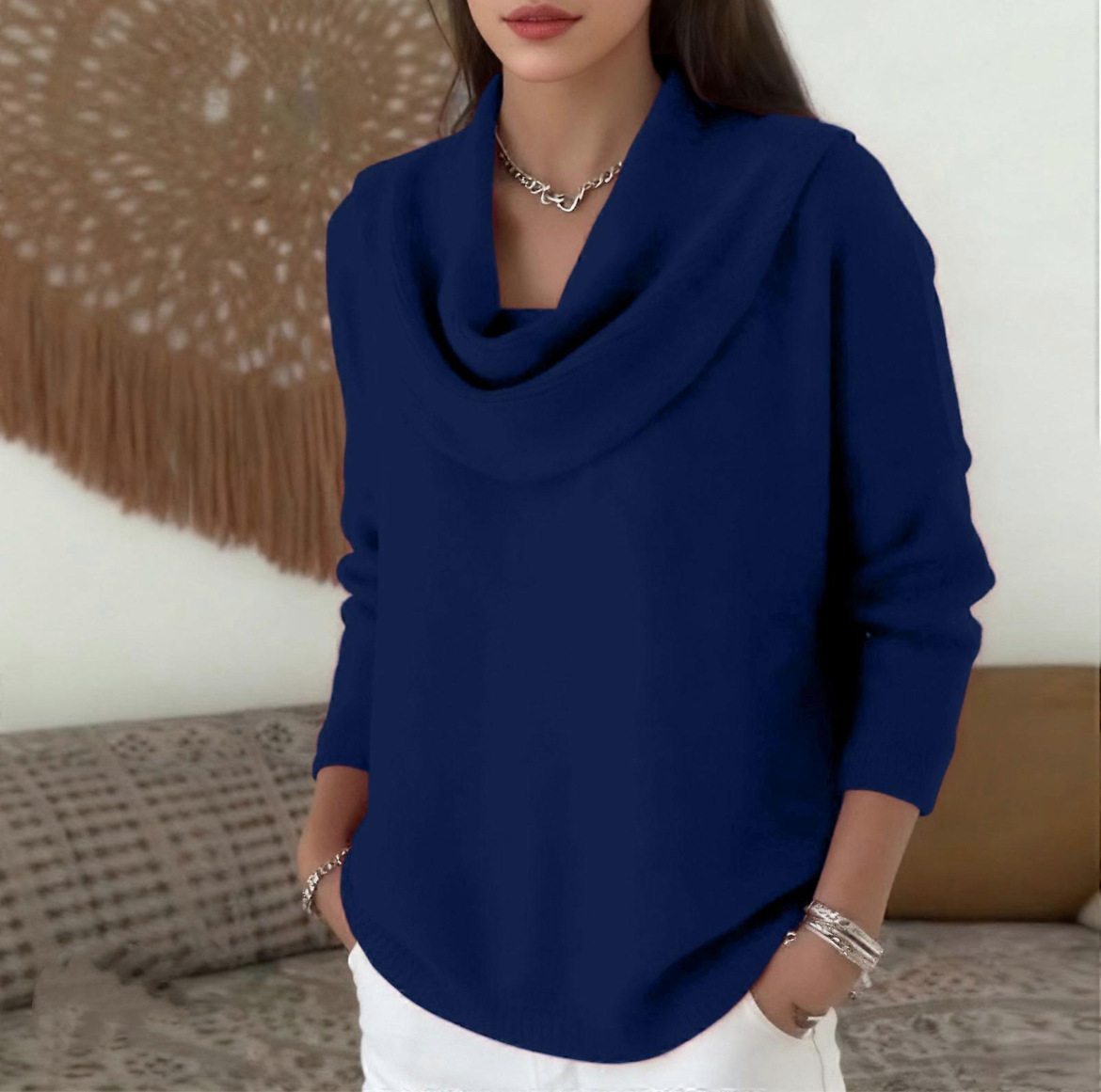 Women's Solid Color Long Sleeve Cowl Neck Knit Pullover Sweater