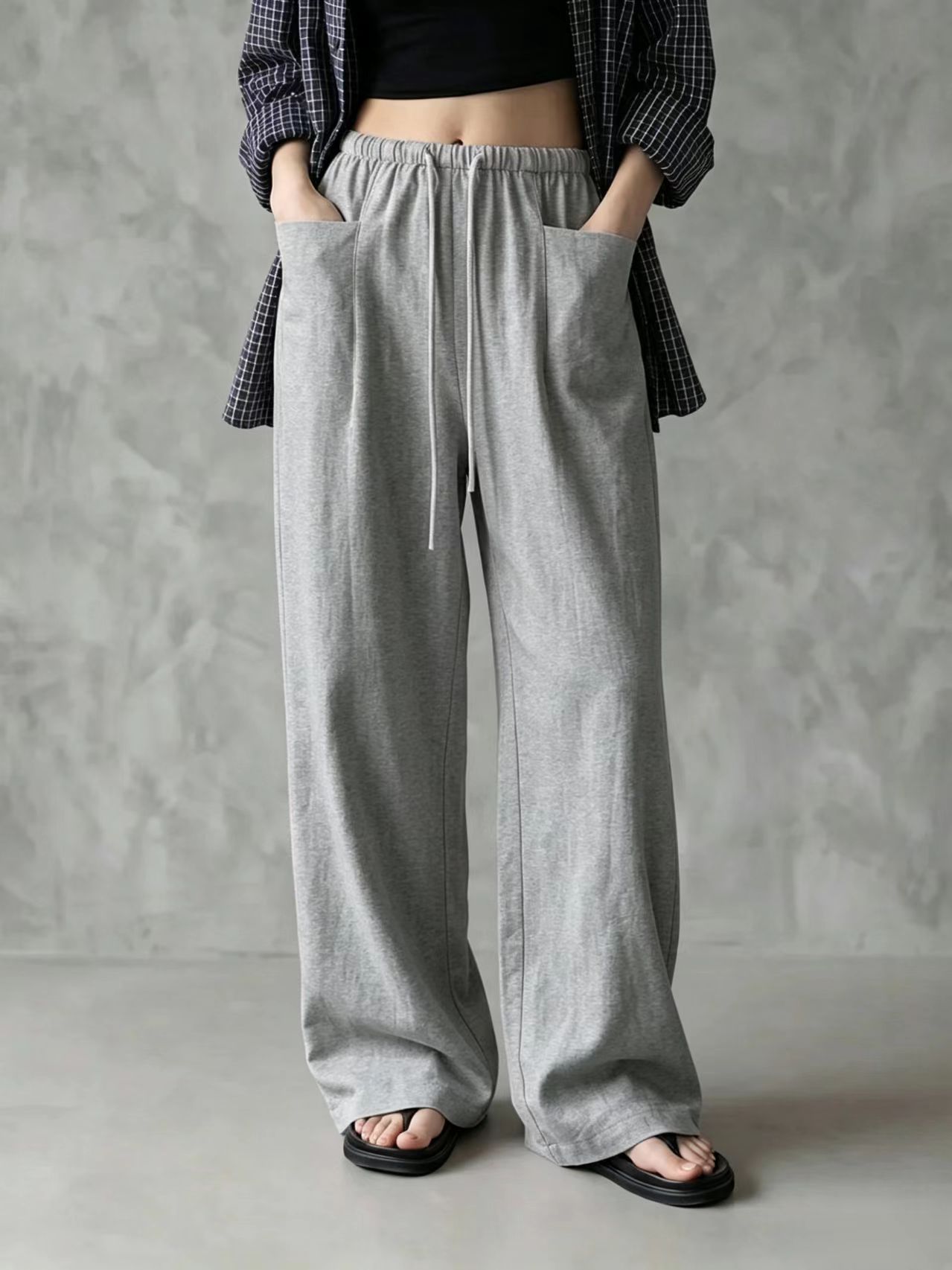Women's Solid Color Wide-Leg High-Waist Drawstring Casual Pants