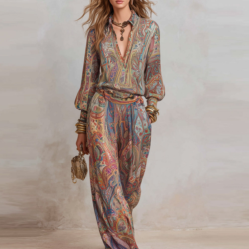 Women's Deep V-Neck Wide-Leg Pants Set Casual Two-Piece Outfit