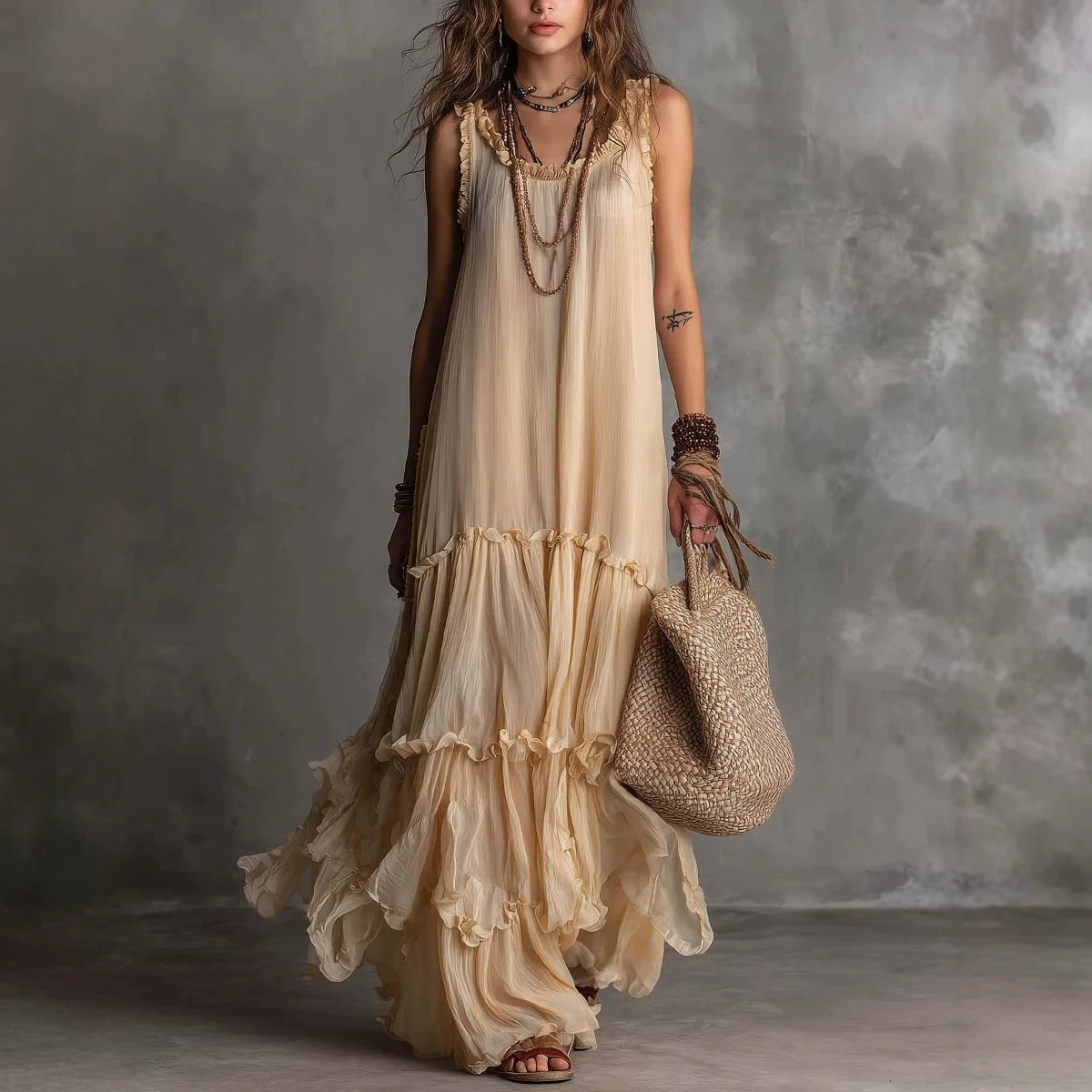 Women's Sleeveless Chiffon Ruffle Beach Maxi Dress