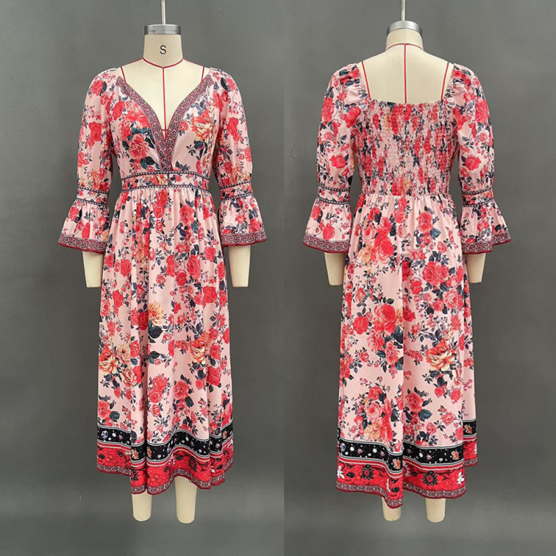 Floral Print Bell Sleeve V-Neck Long Dress