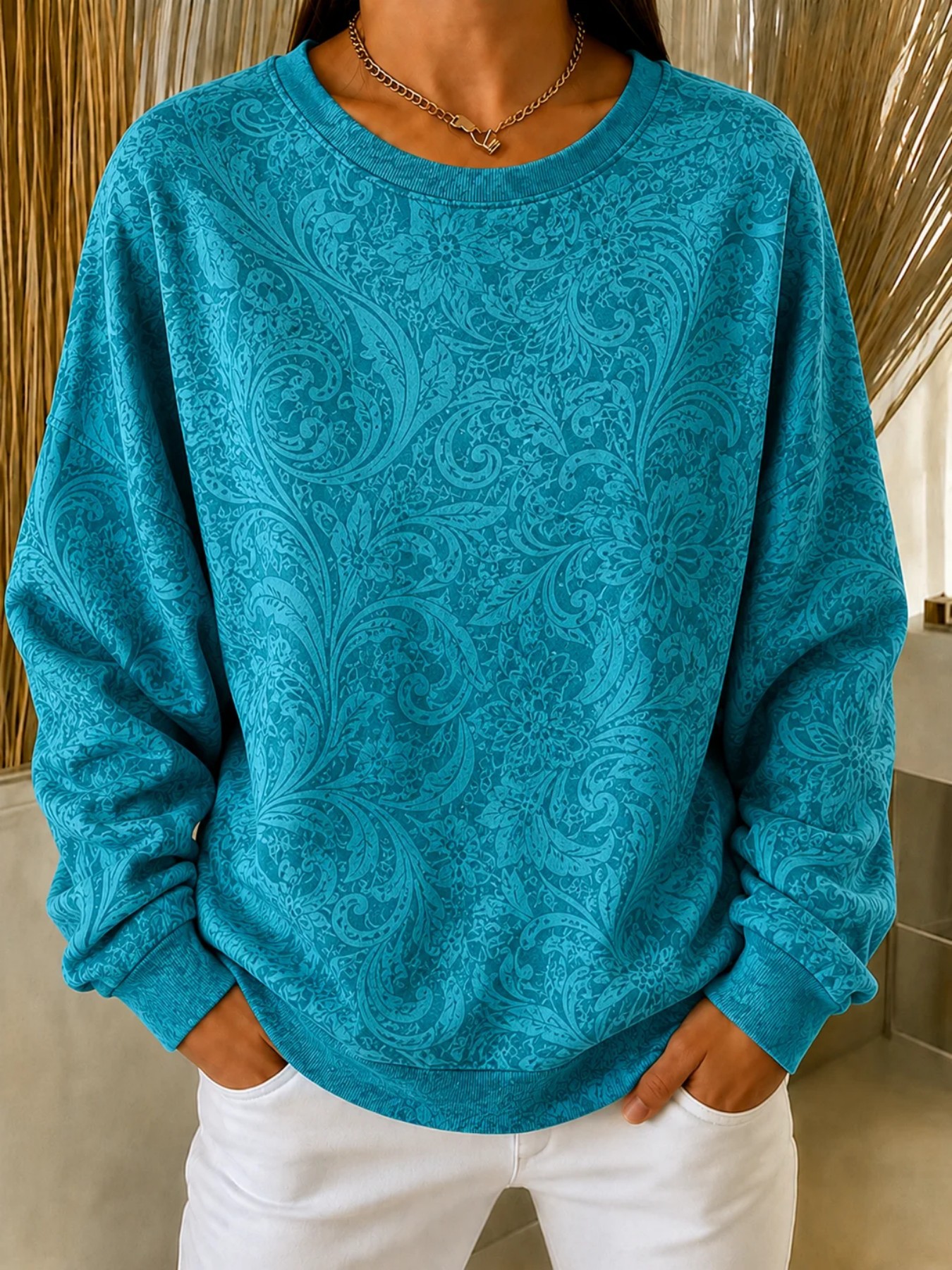 Bohemian Print Crewneck Long Sleeve Pullover Sweatshirt