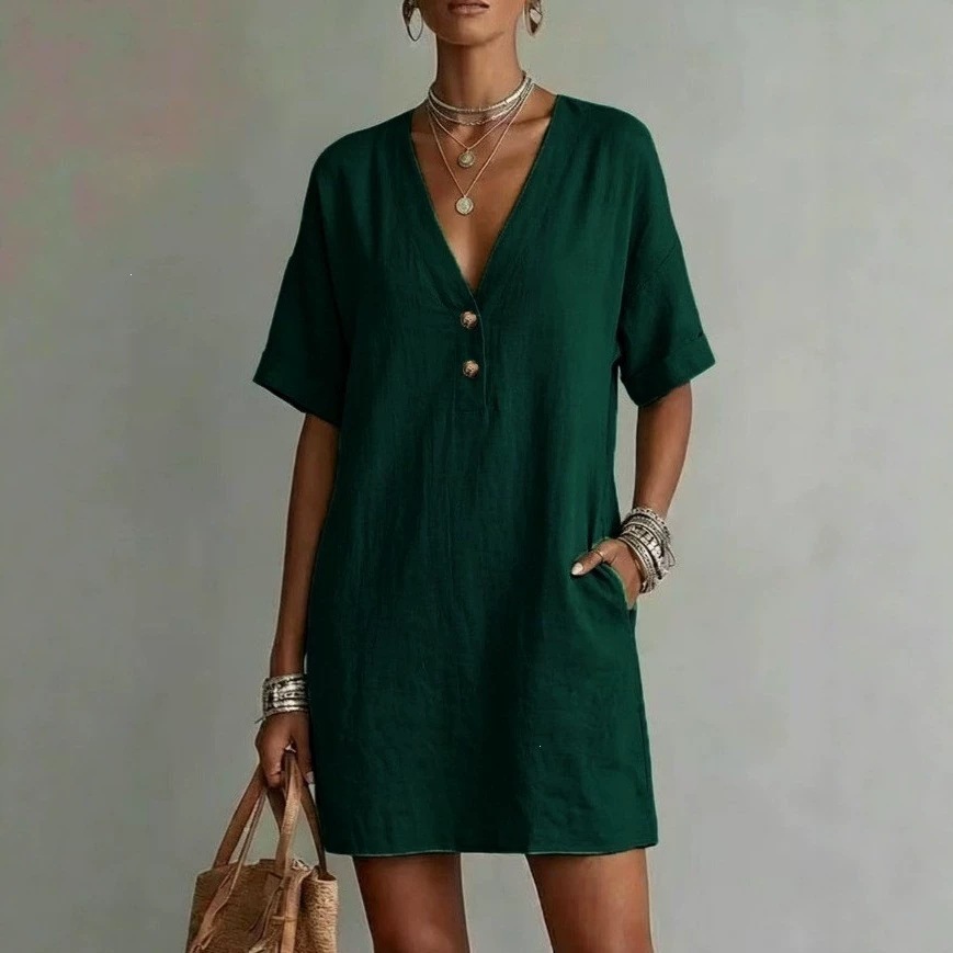 Boho Cotton-Linen Deep V Half-Button Short Sleeve Midi Dress