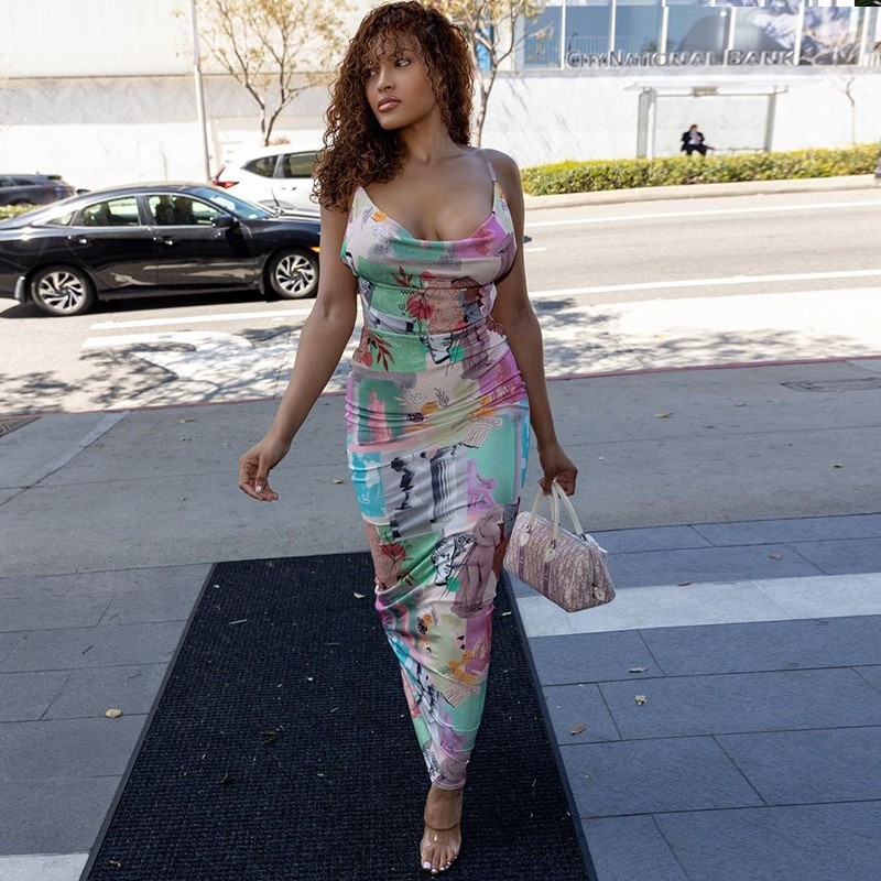 Women's Floral Print Backless Cami Bodycon Dress