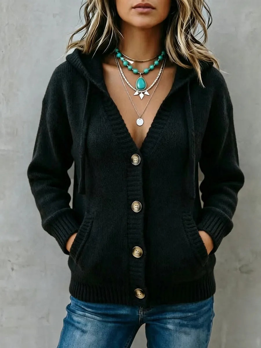 Women's Button Hooded Knit Cardigan Sweater