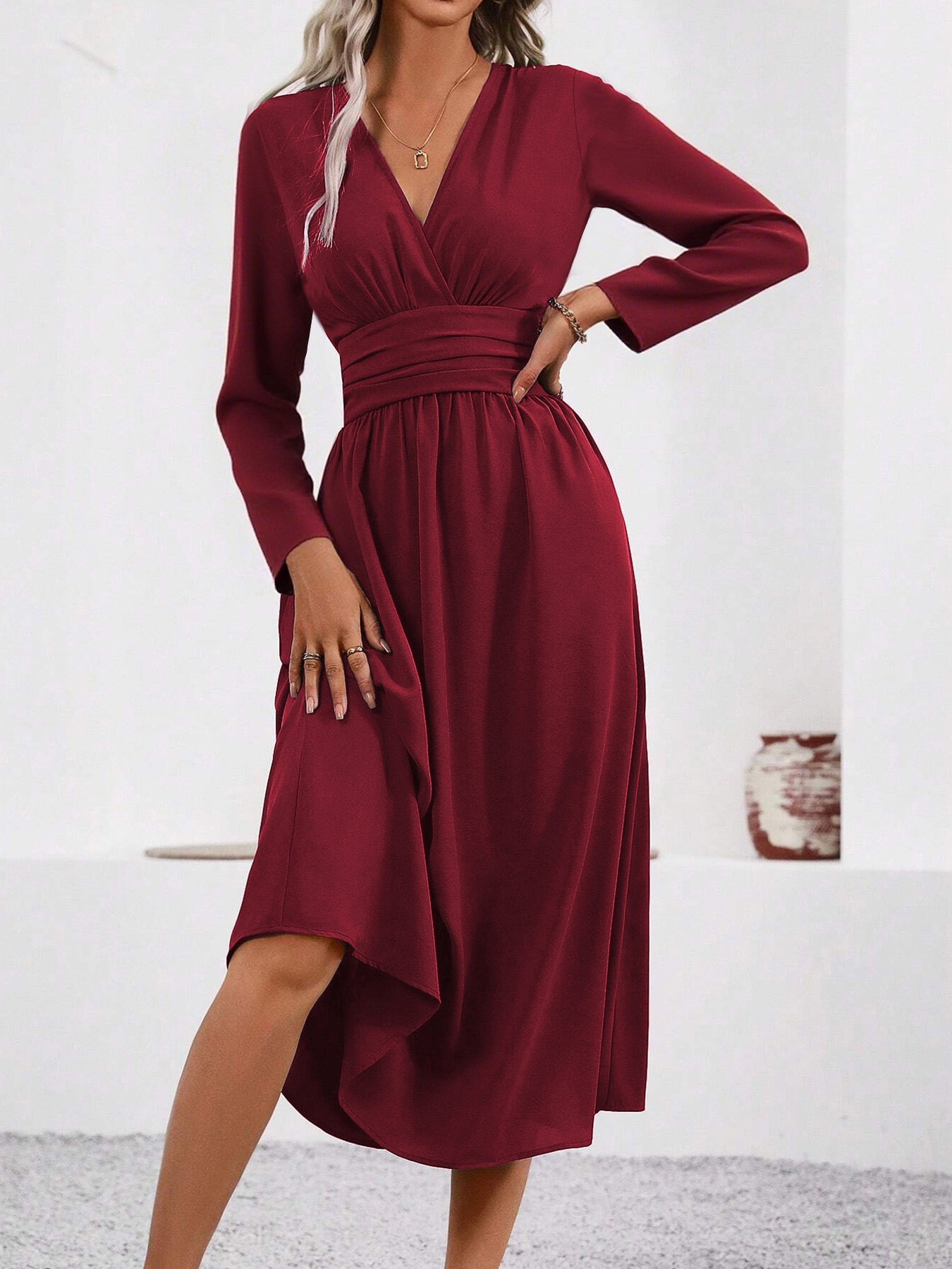 Women's Solid Overlap V-Neck Long Sleeve Ruched Waist Long Dress