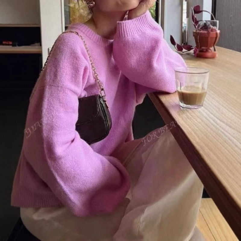 Pink Crewneck Pullover Sweater Relaxed Casual