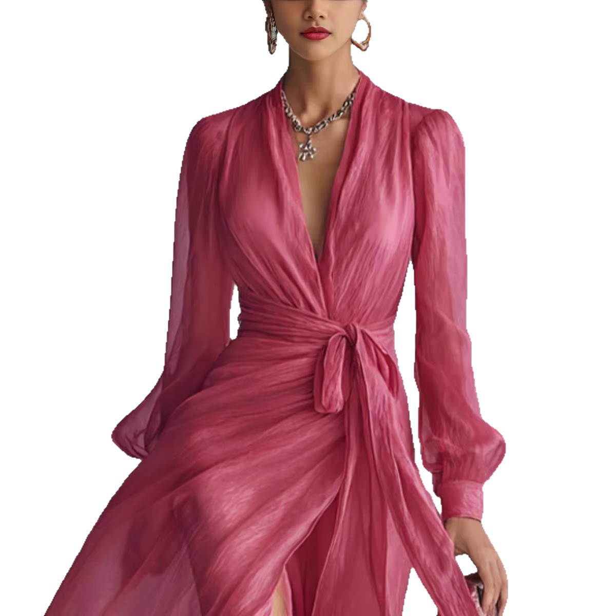 Vintage Court-Style V-Neck Tie-Waist Puff-Sleeve Long Dress