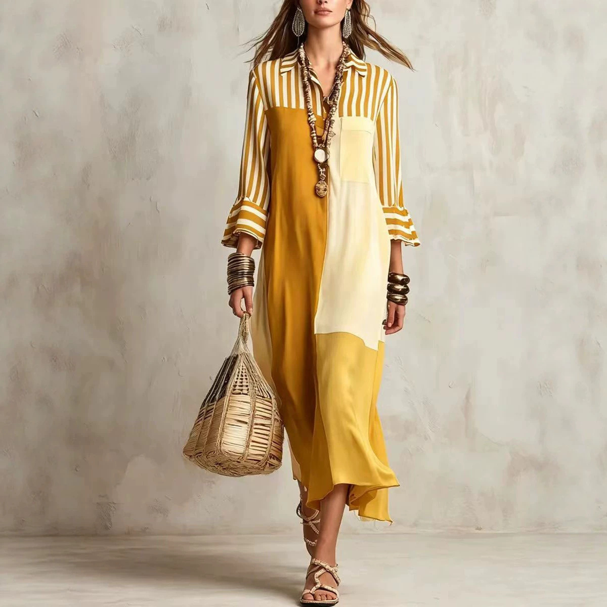Striped Color-Block V-Neck Shirt Dress with Three-Quarter Sleeves