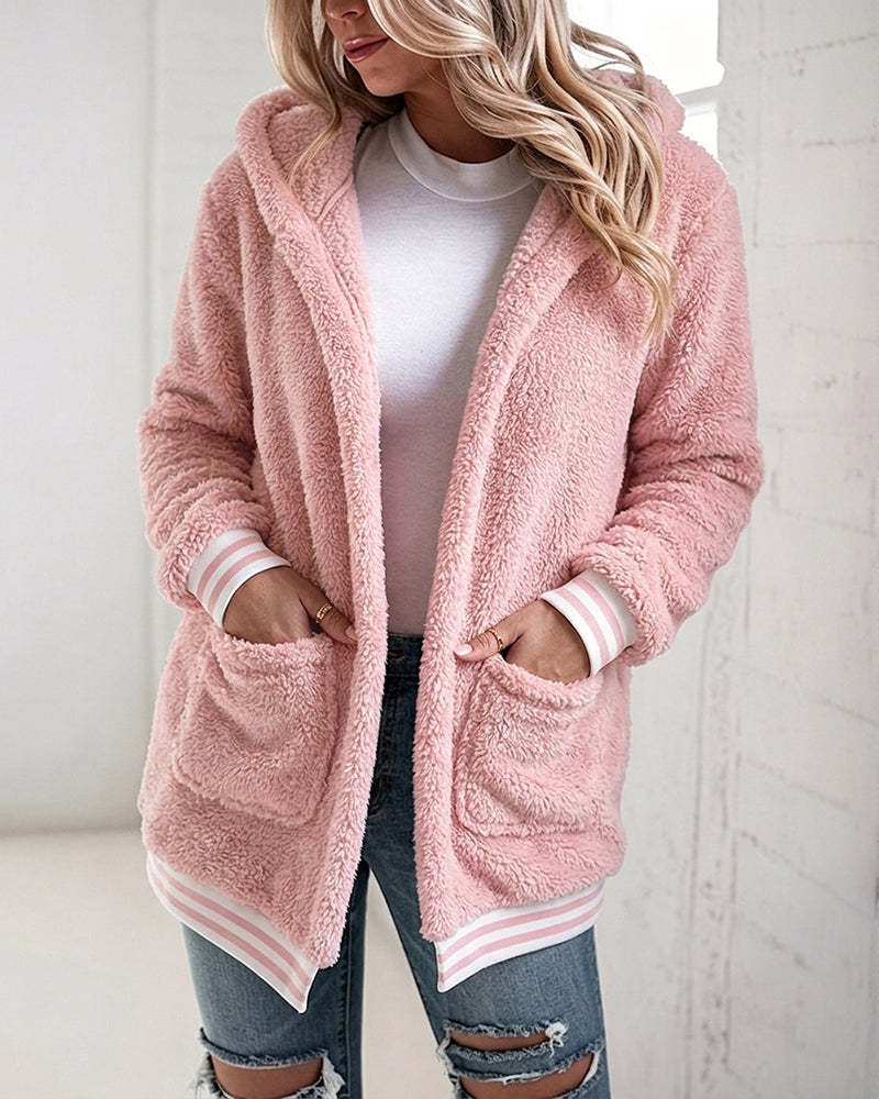 Women's Sherpa Fleece Hooded Jacket Striped Trim