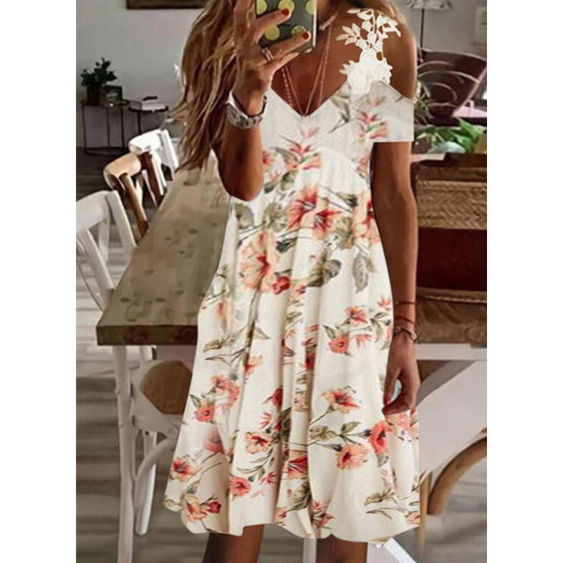 Women's Floral Print Off-Shoulder Lace Short Sleeve Dress