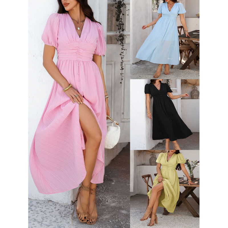 V-Neck High-Waist Short-Sleeve Slit Dress
