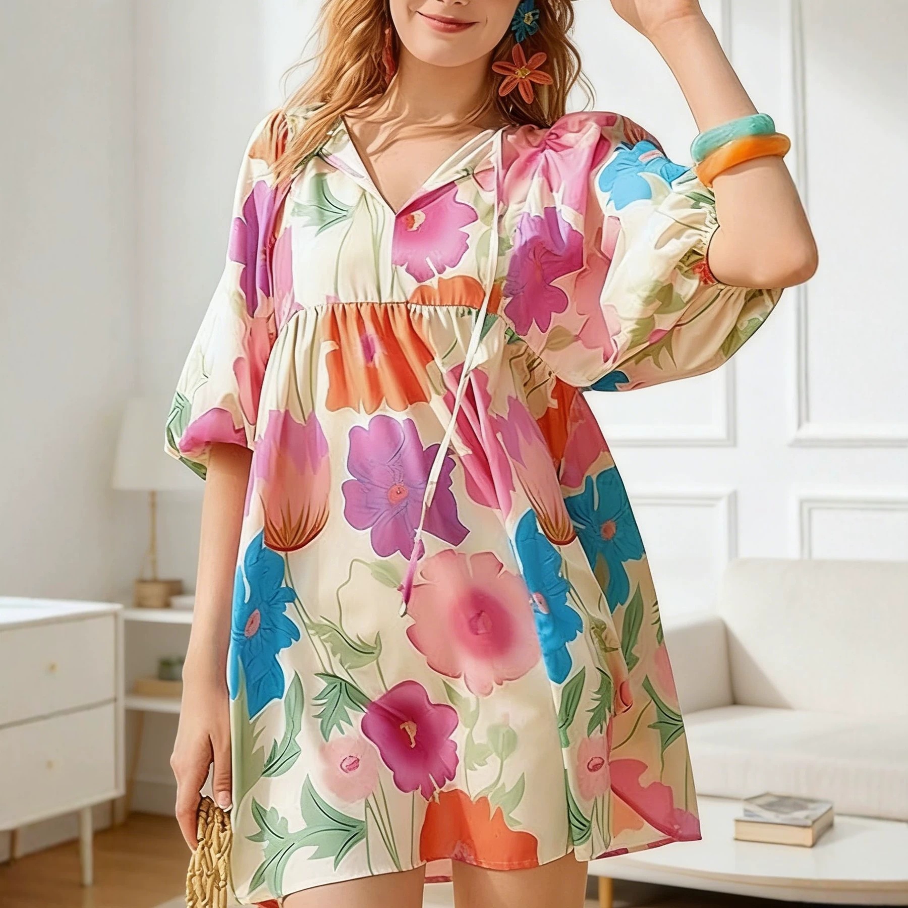 Colorful Floral Print V-Neck Tie Bubble Sleeve Loose Babydoll Dress