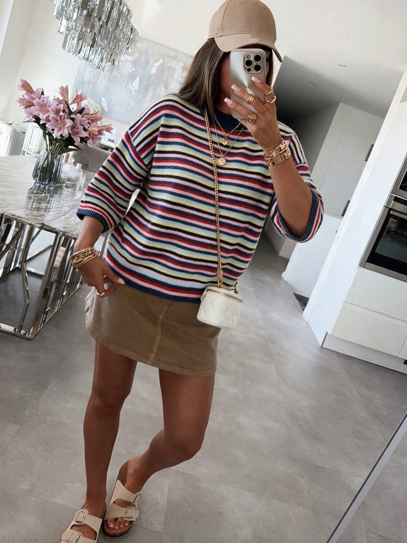 Color-Block Striped Knit Top Women's Loose Batwing Sleeve Pullover