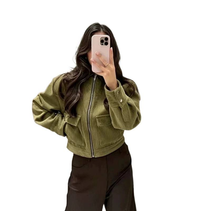 Corduroy Paneled Faux Leather Collar Jacket Women's Casual