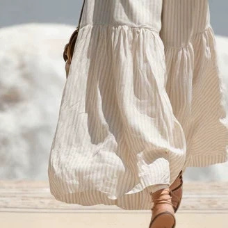 Women's Casual Retro Blue Striped Knit Vest & Beige Cotton-Linen Pants Set
