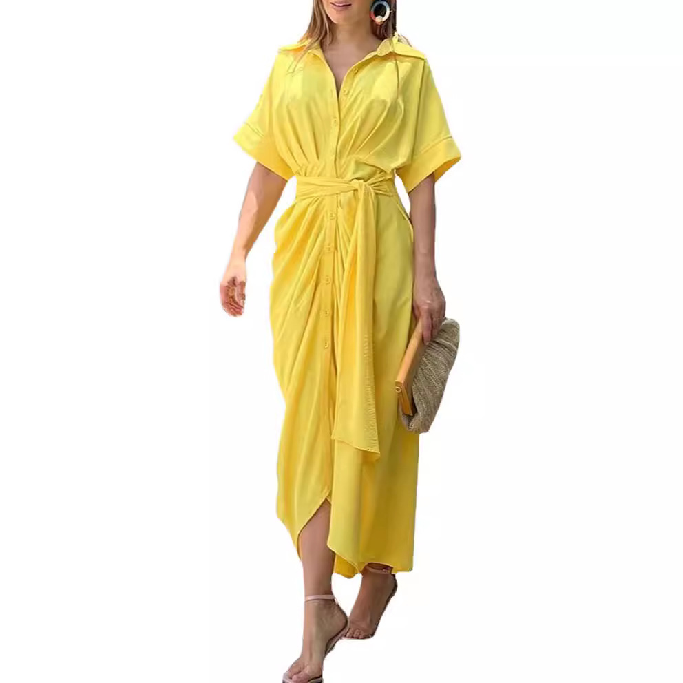 Women's Collared Midi Shirt Dress Short Sleeve Button Front High Waist