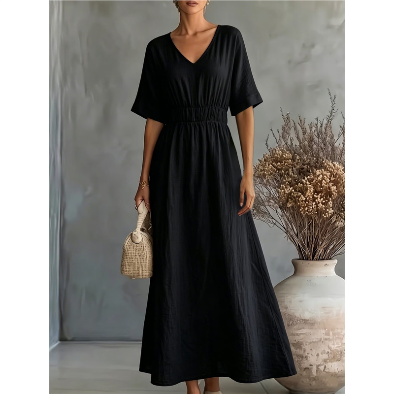 Elegant V-Neck Cinched Waist Pleated A-Line Long Dress