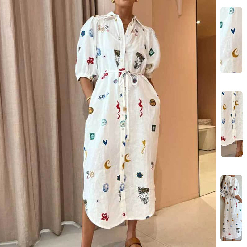 Women's Summer Floral Print Tie-Front Puff Sleeve Shirt Dress Long A-Line Dress
