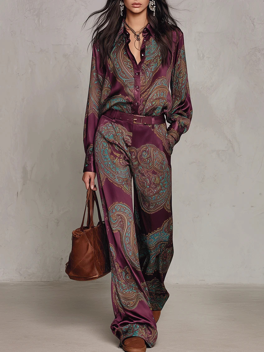Paisley Print Long Sleeve Shirt and Wide Leg Pants Set