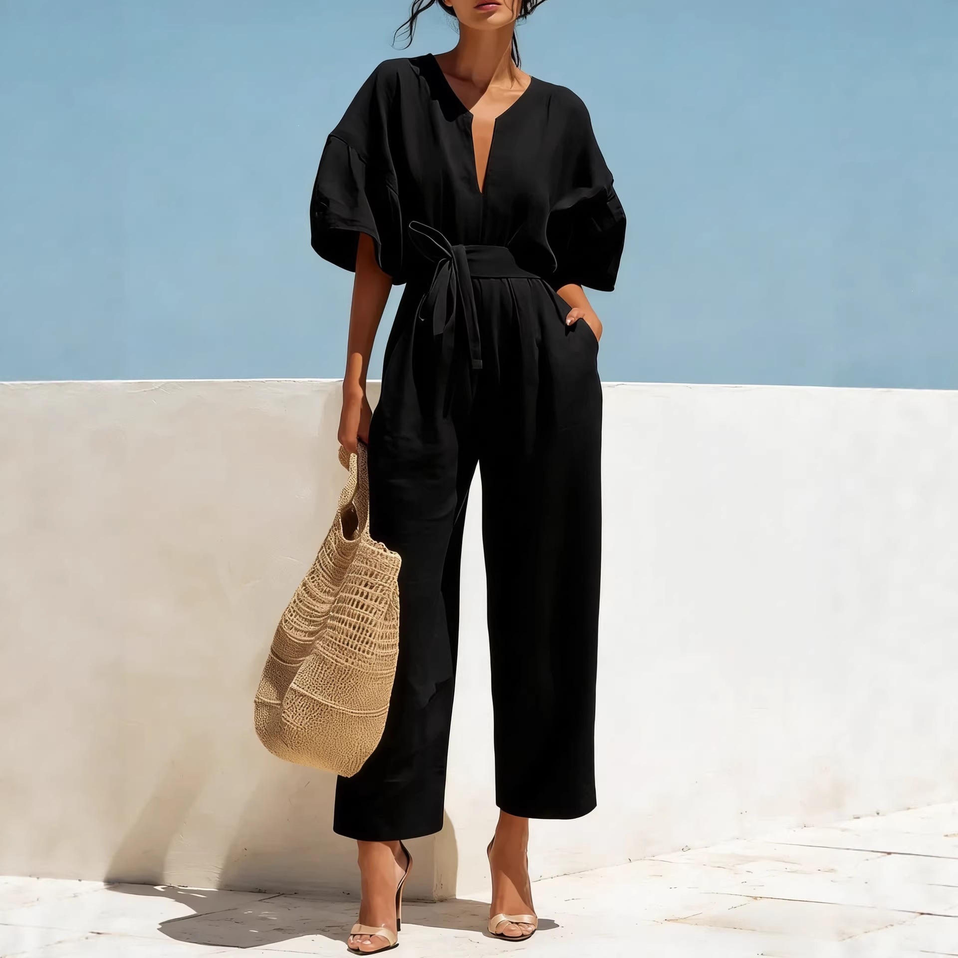 Elegant V-Neck Cotton Linen Wide-Leg Jumpsuit for Women