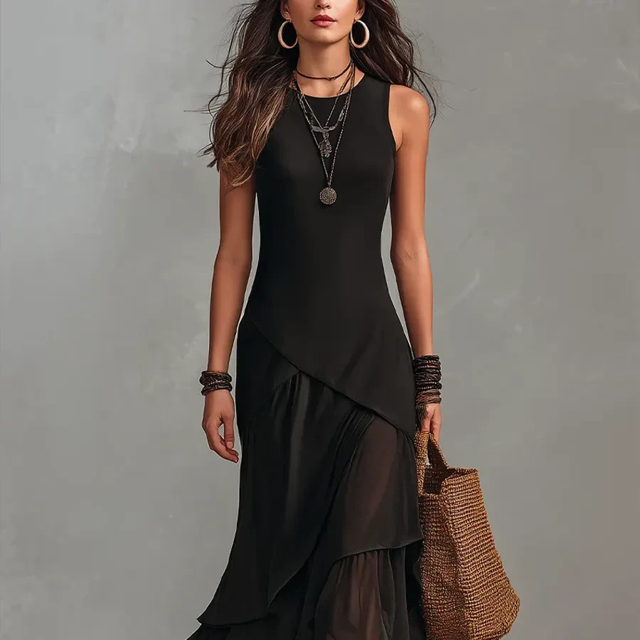 Black Sleeveless Round Neck Asymmetric Layered Chiffon Ruffle Maxi Dress