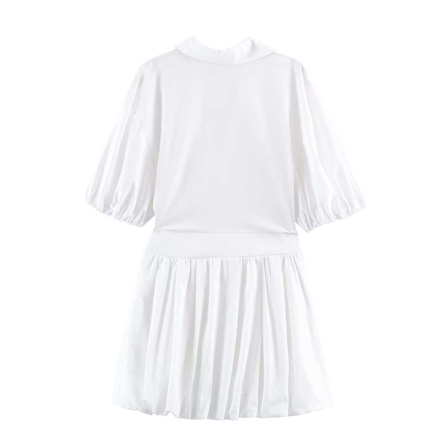White V-Neck Puff Sleeve Cinched Waist Shirt Dress