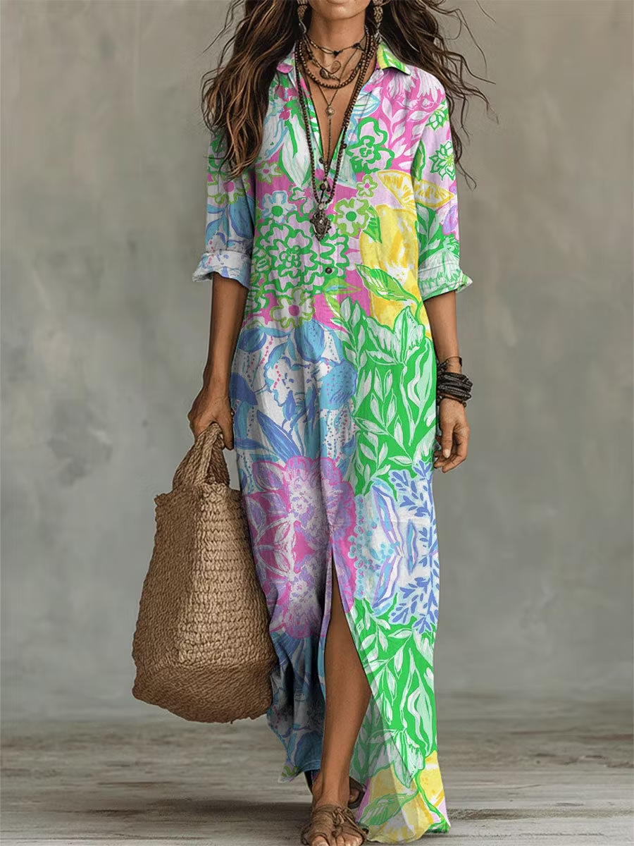 Bohemian V-Neck Midi Dress Short Sleeve A-Line Geometric Print