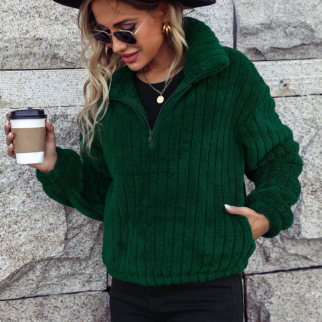 Women's Casual Half-Zip Pullover Hoodie with Collar and Pocket, Solid Color Long Sleeve
