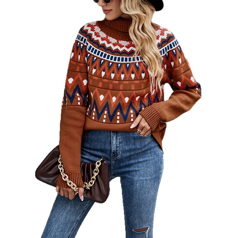 Retro Striped Color-Block Turtleneck Loose Knit Sweater