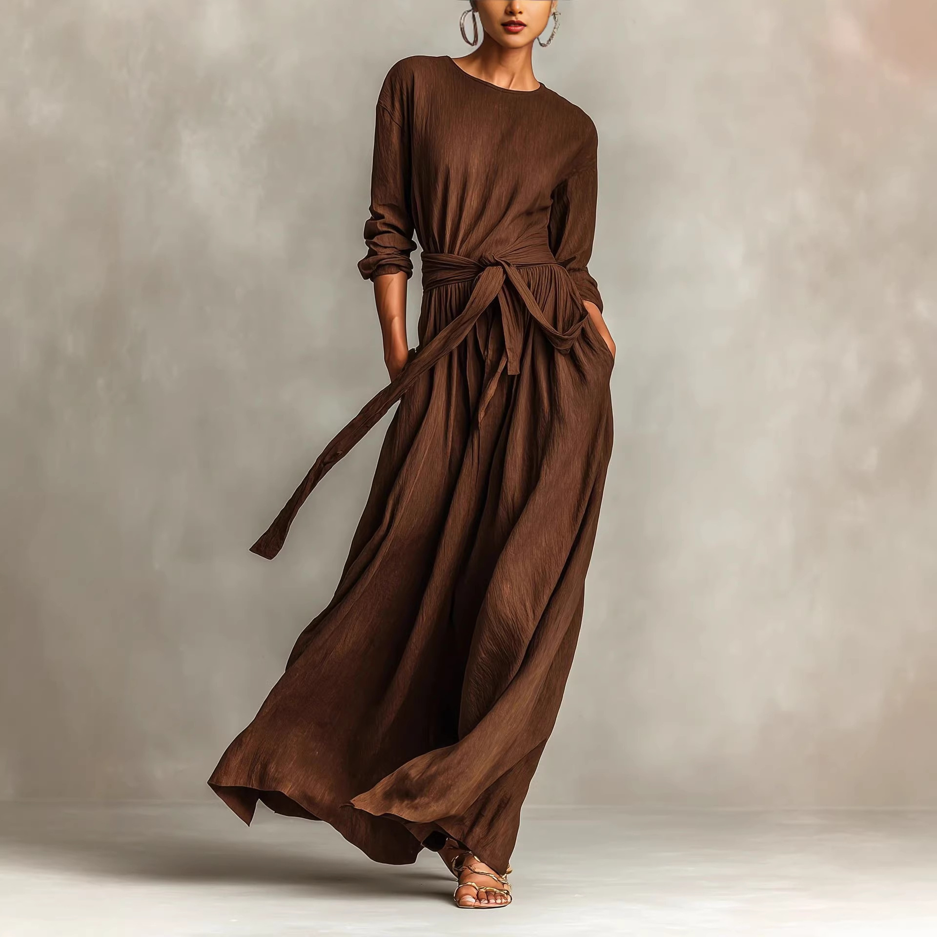 Women's Elegant Brown Woven Long Sleeve Round Neck Dress