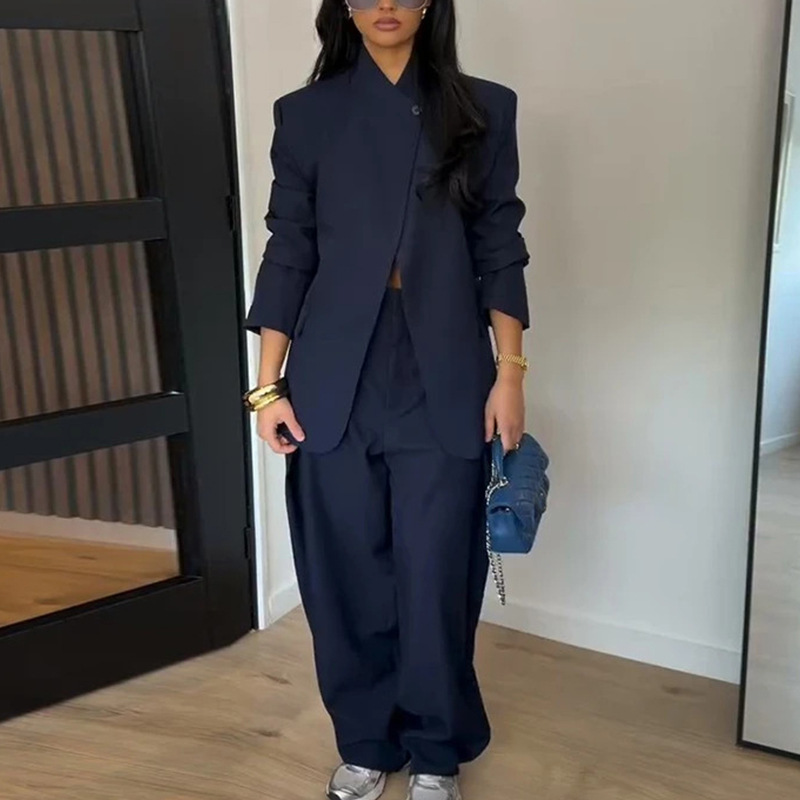 Women's Solid Color Blazer & Wide-Leg Pants Set