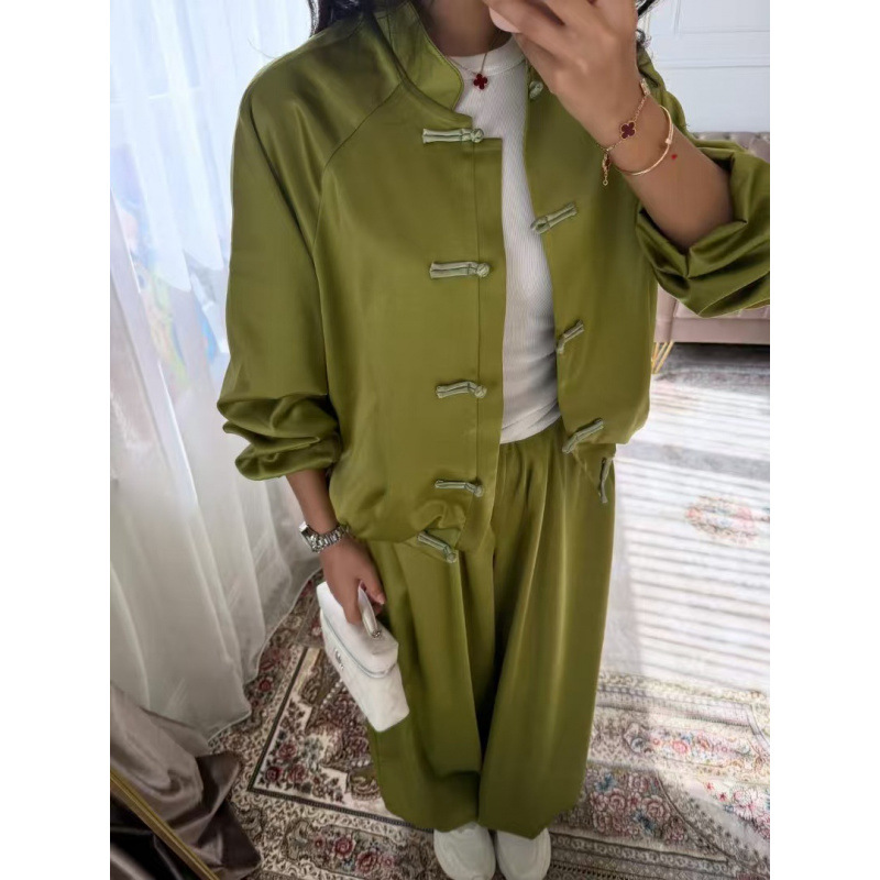 New Chinese Style Frog Button Satin Two-Piece Set with Wide-Leg Drawstring Pants