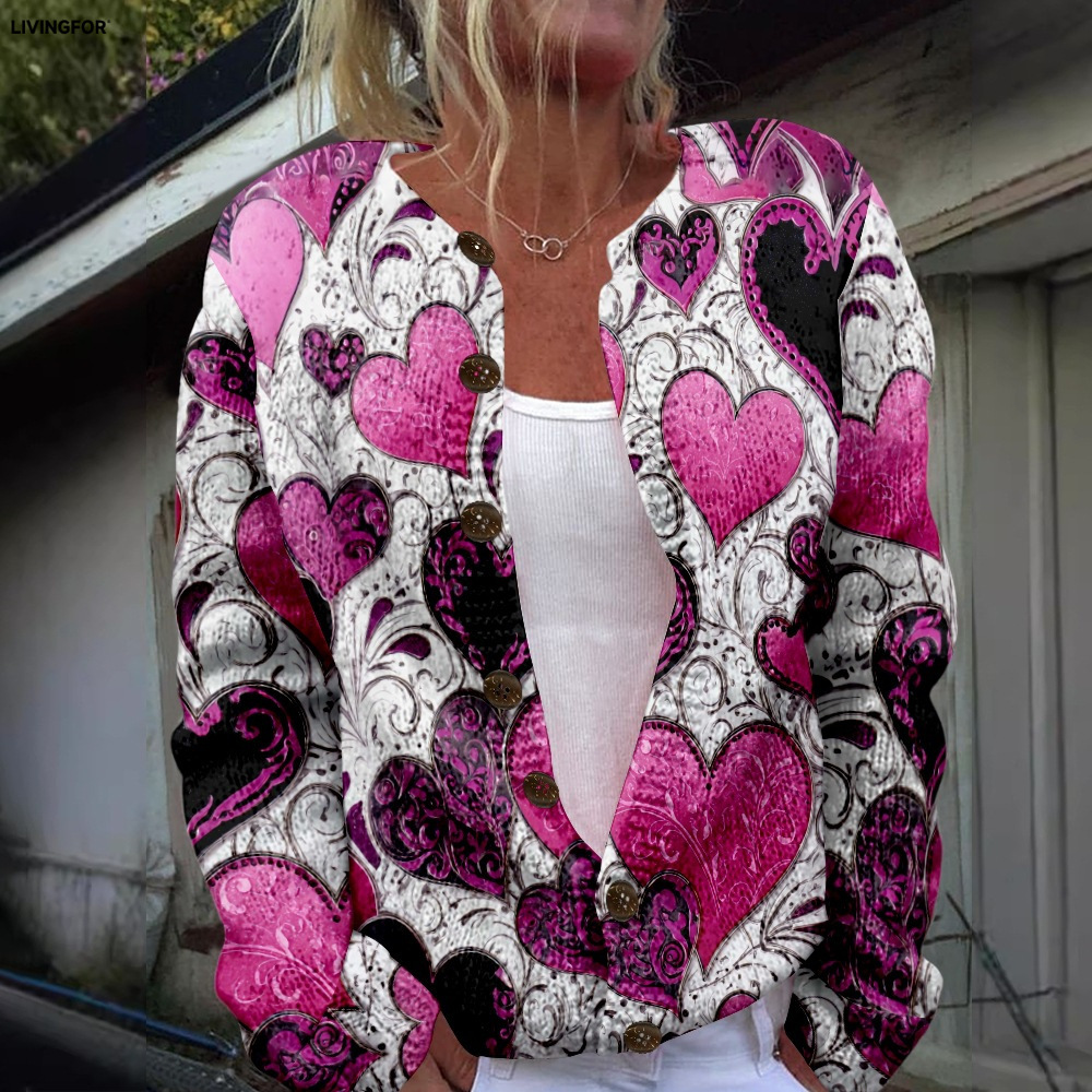 Women's Heart & Flower Print Button Cardigan Sweater