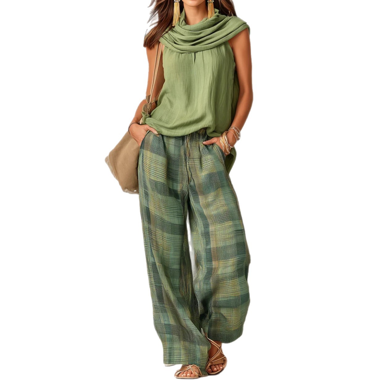 Women's Retro Sleeveless Top and Plaid Pants Set
