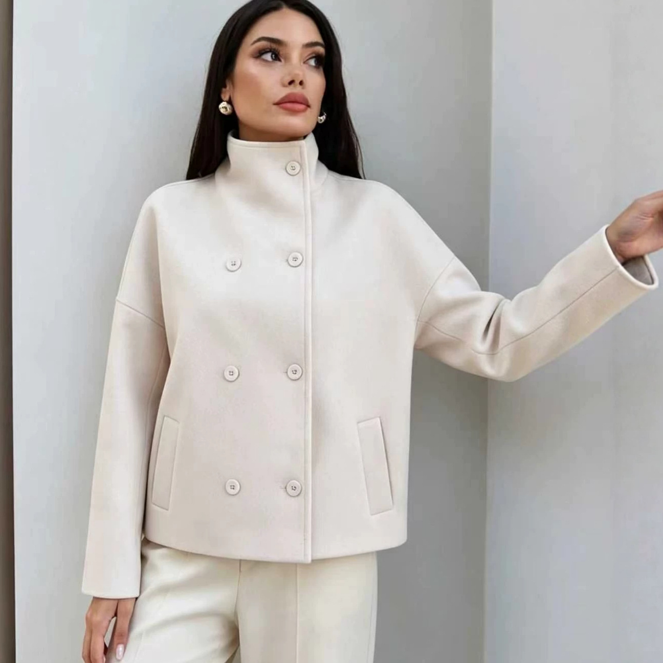 Women's Stand Collar Double-Breasted Blazer Jacket