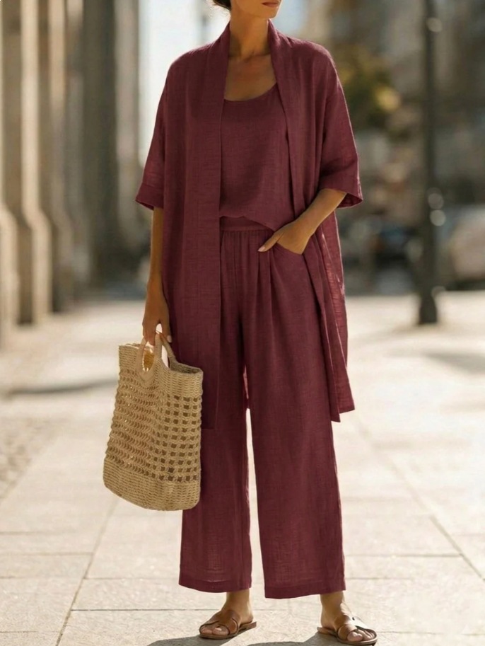Women's Summer Straight-Leg Solid Color 3-Piece Pants Set